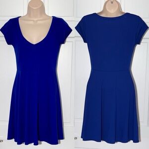 SUPRE Royal Blue V Neck Mini Dress Fit Flare Short Sleeve Size S